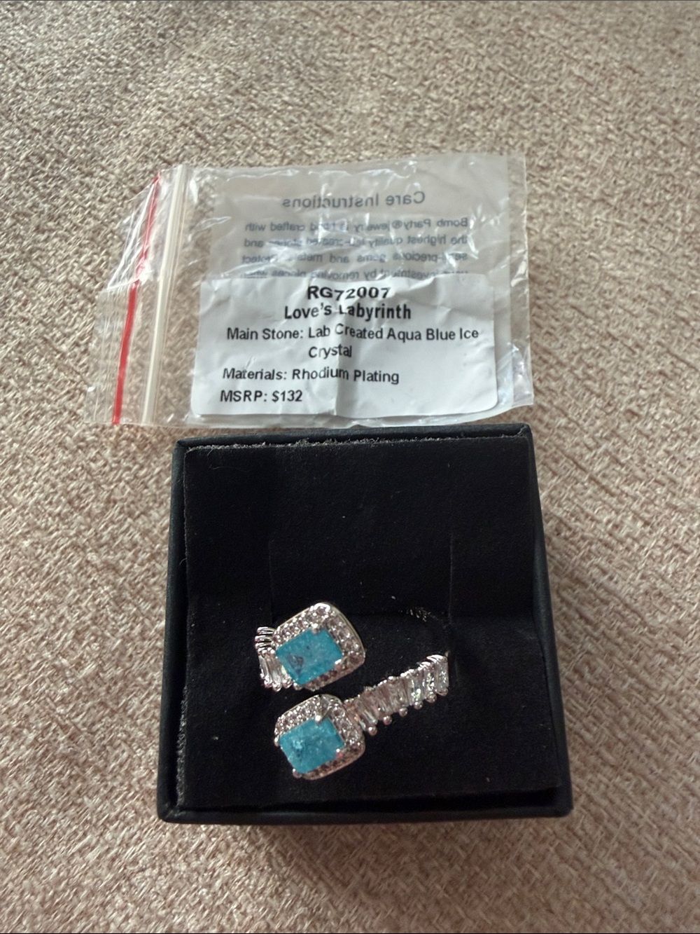 NWOT Bomb Party- Love’s Labyrinth-Aqua Blue Ice Crystal Rhodium Ring Size 7
